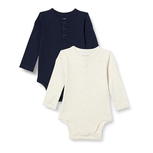 Amazon Essentials Unisex Babies' Long-Sleeve Henley Bodysuits, Pack of 2, Oatmeal Heather/Navy, 18 Months