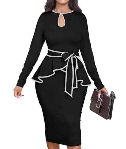 Women Dress Elegant Peplum Business Dresses Sexy Split Long Sleeve Bodycon Knee Length Formal Pencil Back Zipper Dress Black