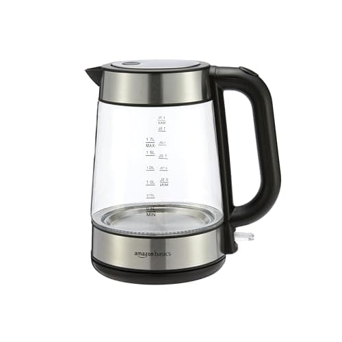 Amazon Basics Electric Kettle with Glass Carafe for Tea and Coffee, BPA-Free, Fast Boiling, Auto Shut-Off, 1.8 Quarts, 1500W, Black and Silver