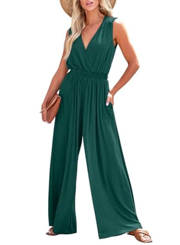 Dokotoo Jumpsuit for Womens Dressy Casual Wrapped V Neck Sleeveless Cruise Outfits 2025 One Piece Long Romper Smocked Waist with Pockets Outfits for Summer,Blackish Green Small
