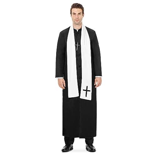 HPMNS Priest Costume for Men, Priest Halloween Costumes for Men Adult Priest Robe Outfit Priest Cross Necklace for Men Costume L