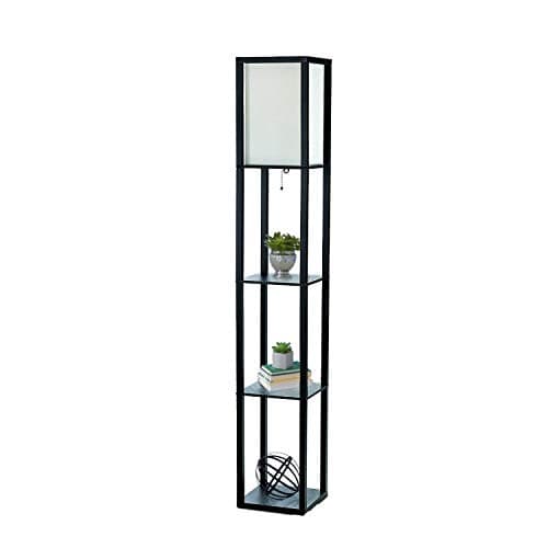 Simple Designs LF1014-BLK 62.5" Modern Etagere Organizer Storage 3 Shelf Floor Lamp with White Linen Fabric Shade for Home Décor, Office, Study, Bedroom, Living Room, Dining Room, Black