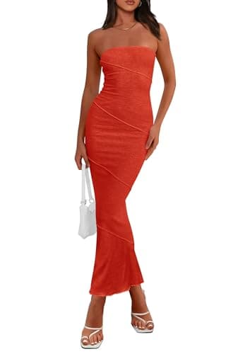 PRETTYGARDEN Women's Summer Long Dress Strapless Sleeveless Bandeau Tube Top Bodycon Maxi Dress (Orange,Small)