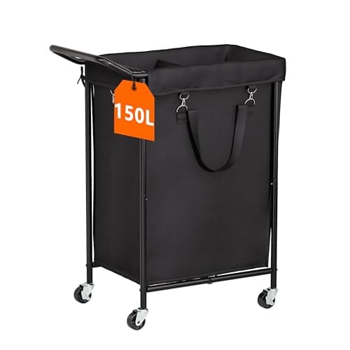 150L Laundry Basket with Wheels, Rolling Laundry Hamper 2 section with Metal Frame and Removable Bag, Dirty Clothes Hampers for Bedroom, Bathroom, Dorm, Black