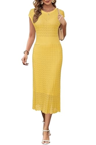 Newshows Women Summer 2025 Teacher Outfits Work Midi Boat Neck Cap Sleeve Hollow Knit Modest Business Casual Dress(Yellow,M)