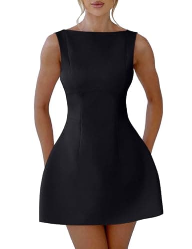 YMDUCH Women's Sexy Sleeveless Crew Neck Backless A-line Party Short Mini Dress Black