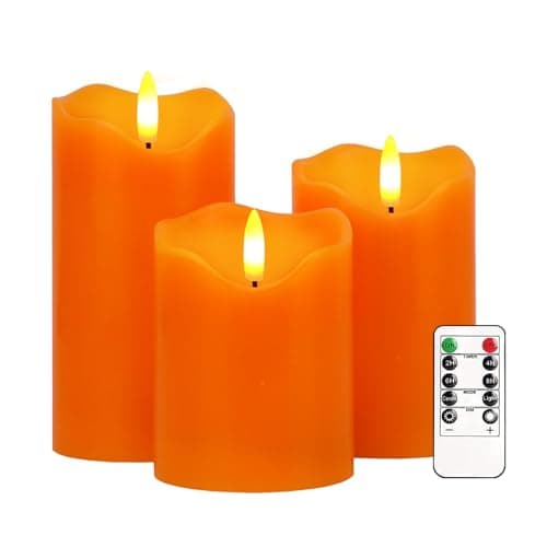 Flameless Candles Lights, Set of 3 Orange Flickering LED Candles with Remote & Timer, Dimmable LED Pillar Candles Battery Operated, Electric Candles for Fall Halloween Thanksgiving Decor (Orange)