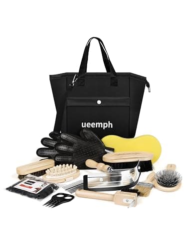 Ueemph Horse Grooming Kit (12-Piece): Brushes, Storage Bag, Sweat Scraper, Mane Comb, Grooming Gloves, Horse Gift for Girls (Black)