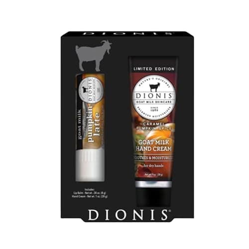 Dionis Goat Milk Skincare Caramel Pumpkin Spice Scented Hand Cream & Lip Balm Set (1 oz and .28 oz) - Safe For Sensitive Skin, Soothes Chapped Lips and Dry Skin, Cruelty-free and Paraben-free