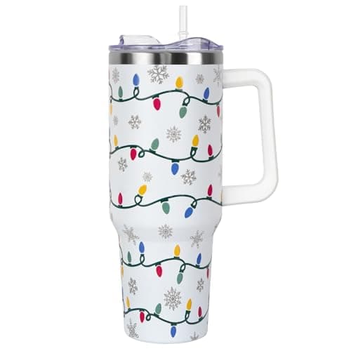 Christmas Tumbler with Handle and Straw Lid 40 oz,Cute Christmas Gifts for Women Xmas Lights Snowflakes Vacuum Insulated Leak Proof Tumbler,Winter Holiday Accessories Stainless Steel Coffee Cup Mug