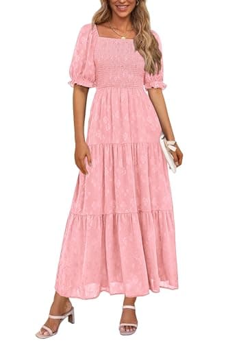 PRETTYGARDEN Women's Summer Casual Midi Dresses Square Neck Short Sleeve Smocked A Line Floral Flowy Elegant Boho Dress (Pink,Large)