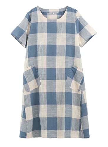 FTCayanz Women's Linen Shirt Dresses Summer Casual Short Sleeve Plaid Tunic Midi Dress Blue XX-Large