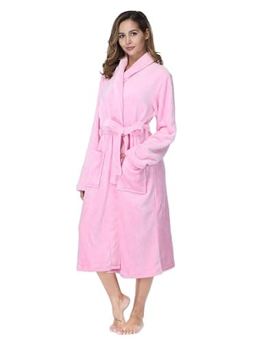 RONGTAI Womens Bathrobe Ladies Fleece Plush Warm Long Robes (X-Large,Pink)