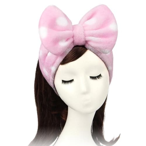Shintop Women Fashion Lovely Soft Carol Fleece Bowknot Bow Makeup Cosmetic Shower Elastic Hair Band Hairlace Headband (Pink Polka dots)