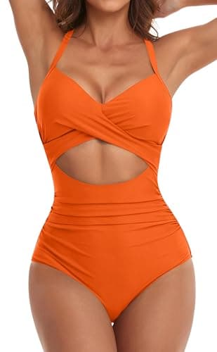 Eomenie Women's One Piece Swimsuits Tummy Control Cutout High Waisted Bathing Suit Wrap Tie Back 1 Piece Swimsuit Orange