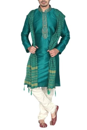 MKP9008 Green and Ivory Men's Kurta Pyjama Indian Suit Bollywood Sherwani (42)