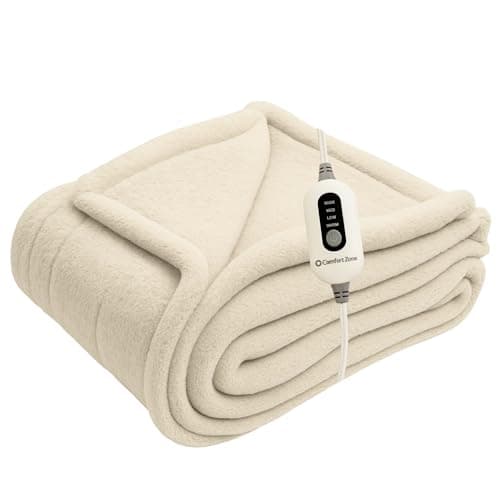Comfort Zone Heated Blanket Electric Throw, Micro Plush Electric Blanket, Heating Blanket with 4 Heating Levels, 3H Timer, Auto Shutoff, Fast Heating (50x60 inches, Cream)