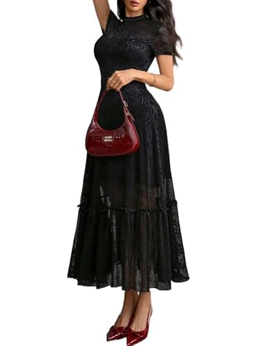 GothDark Womens Elegant Vintage Floral Lace Dress Short Sleeve Double Layer Gothic Midi Wedding Guest Cocktail Dresses Black