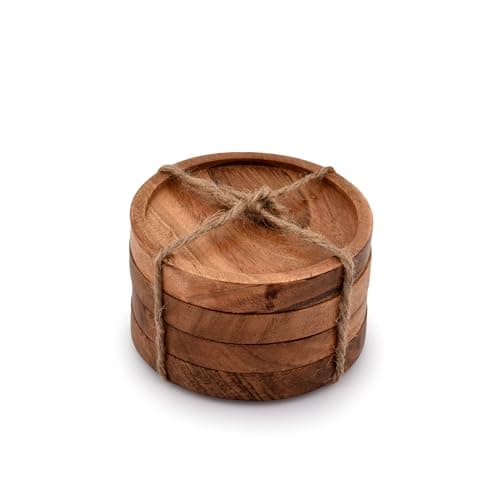 Kaizen Casa Wooden Coasters for Drinks - Natural Acacia Wood Drink Coaster Set for Drinking Glasses, Tabletop Protection for Any Table Type, Set of 4