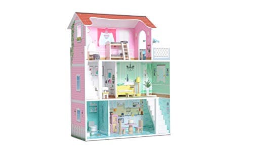 Milliard Pink Wooden Dollhouse for Kids with Doll House Accessories and Furniture - 3 Levels, 6 Rooms, Bonus Balcony and 20 Furniture Pieces, Perfect for 4-6" Dolls, Easy to Assemble, 31" x 24" x 9.5"