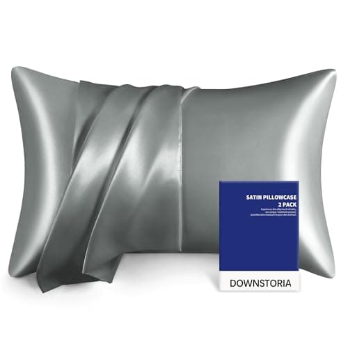 DOWNSTORIA Satin Pillowcase for Hair and Skin Similar to Silk Pillow Cases 2 Pack, Grey Pillow Cover with Envelope Closure Set of 2, Gifts for Women Men(20x30 Inches, Light Gray)