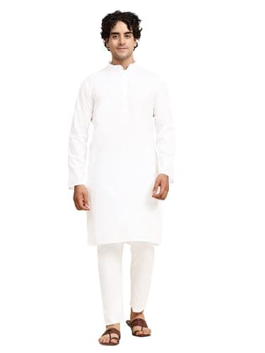 SKAVIJ Men's Tunic Cotton Kurta Pajama Indian Yoga Casual Dress Set (Small, White)