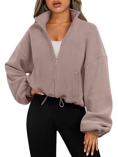 AUTOMET Womens Fleece Jackets Zip Up Oversized Sweatshirts Winter Clothes Long Sleeve Crop Sherpa Fall Outfits Fashion CoffeeGrey M