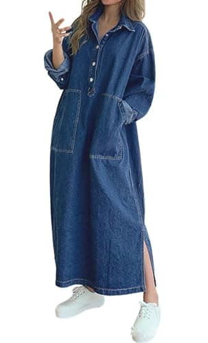 Jofemuho Womens Spring Fall Long Sleeve Denim Maxi Shirt Dress with Split