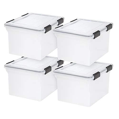 IRIS USA File Box WeatherPro File Organizer Plastic File Box for Letter/Legal File, Water Resistant Document Box, Durable Lid, Seal w/ Secure Latching Buckles, Stackable, Nestable, Clear 32 Qt. 4Pack