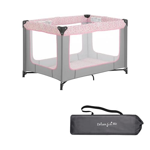 Dream On Me Zodiak Portable Playard in Grey and Pink, Lightweight, Packable and Easy Setup Baby Playard, Breathable Mesh Sides and Soft Fabric - Comes with a Removable Padded Mat