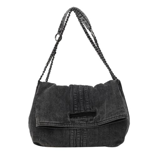 XACKWUERO Women Denim Shoulder Handbag Retro Crossbody Bag Large Capacity Tote Purse Chain Strap Underarm Bag (Black)