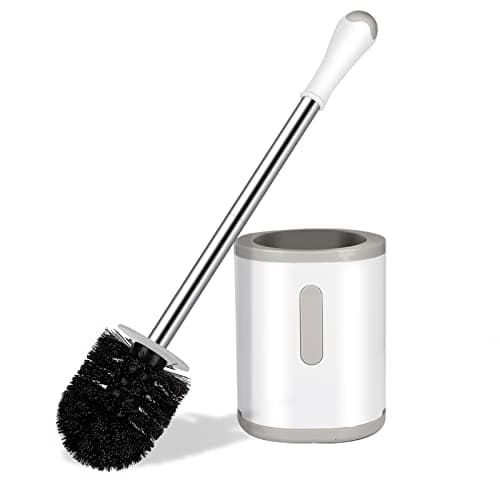 AONEZ Compact Toilet Brush & Holder, Stainless Steel Handle, Space Saving for Storage, Deep Cleaning, Drip-Proof, Easy to Assemble, Nylon Bristles, White & Grey