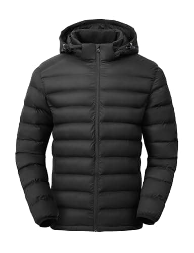 TBMPOY Men's Lightweight Puffer Down Jackets Detachable Hood Water-Resistant Winter Coat Hooded Insulated for Travel Ski Black M