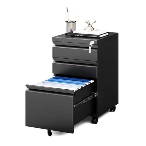 MIIIKO File Cabinet 3 Drawers on Wheels Under Desk, Black Metal Rolling File Cabinets with Lock for Home Office, Un-Assembled Filing Cabinet with Lock