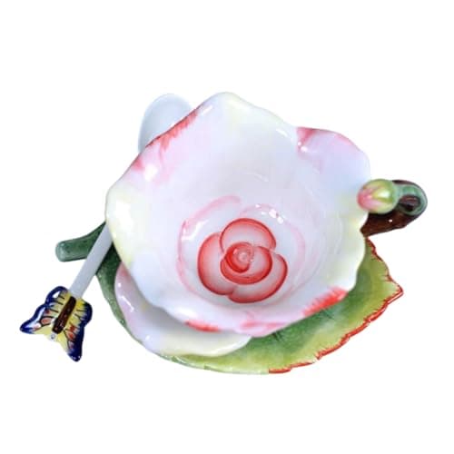 Minigift Ceramic Tea Cup and Saucer Set ，6OZ 3D Hand-Painted Flower and Lotus Leaf Coffee Mug，Gift for Women- Champagne Rose