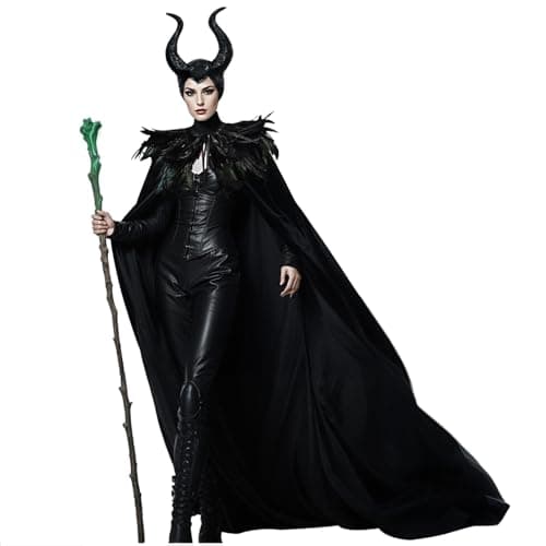 L'VOW Feather Shawl Cape Black Cloak with Demon Horns Set - Women's Halloween Wicked Queen Maleficent Costume