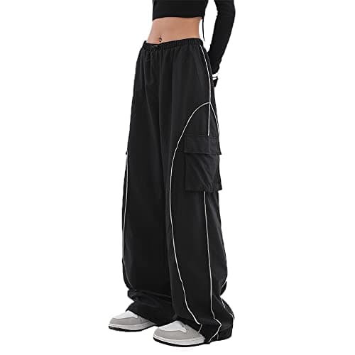 FENGQIYUNHAI Y2K Parachute Track Pants for Women Low Rise Baggy Wide Leg Cargo Pants for Women Black