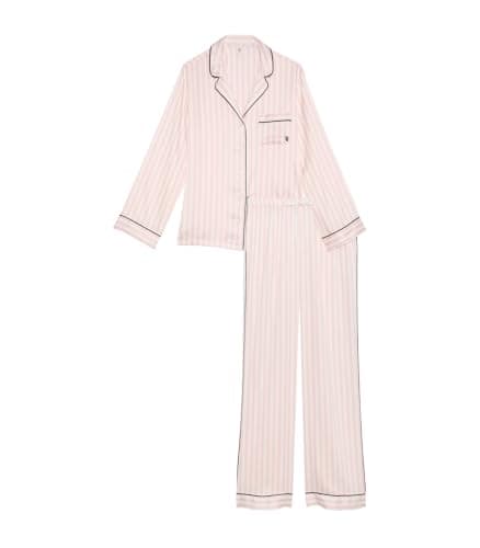 Victoria's Secret Satin Pajama Set, Long Sleeve Button Down & Pants, Pajamas for Women, Pink Iconic Stripe, L