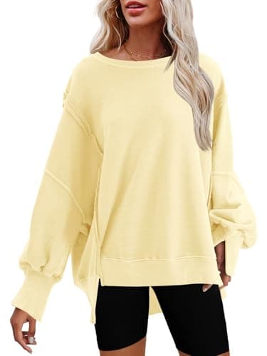 Nirovien Womens Crewneck Sweatshirt Oversized Side Slit Long Sleeve Shirts Slouchy Pullover Sweatshirts(Light Yellow,S)
