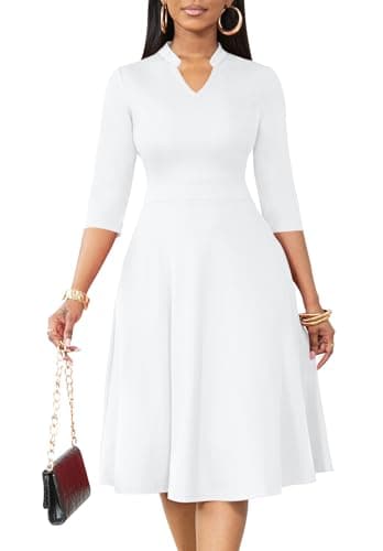 Nmoder Casual Dresses for Women Semi Formal Fit and Flare Dresses 3/4 Sleeve A-line Church Work Dresses with Pockets White L