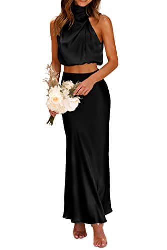 PRETTYGARDEN Women's 2 Piece Satin Outfits Summer Sleeveless Mock Neck Crop Tops and Long Skirt Dress Sets (Black,Medium)