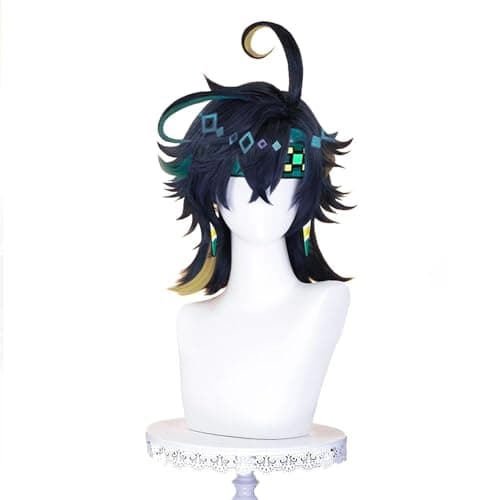 KIRA KIRA Kinich Cosplay Wig Game Genshin Impact Natlan Kinich Wig Short Straight Green Yellow Highlights Hair for Cosplay