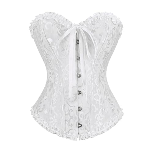 frawirshau Women's Lace Up Boned Overbust Corset Bustier Bodyshaper Top White M