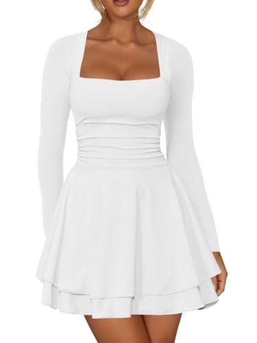 Kaximil Women's Square Neck Ruffle Hem Mini Dress Ruched Waist Long Sleeve Corset Short Party Dresses, Medium, White