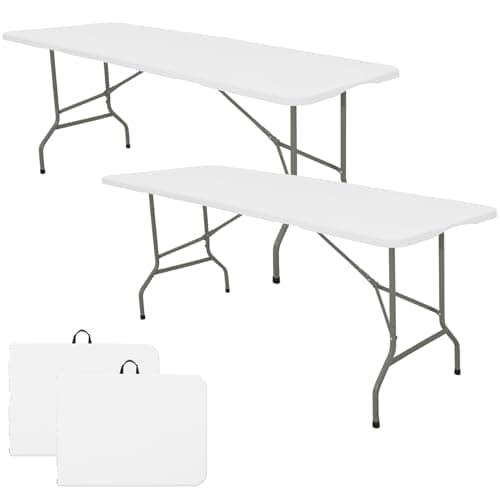 Set of 2 Folding Table 6 FT Lightweight Camping Table Portable Plastic Rectangular Outdoor Dining Table Steel Legs Fold-in-Half with Carrying Handle for Indoor,Picnic,Party,Wedding,Events(White)