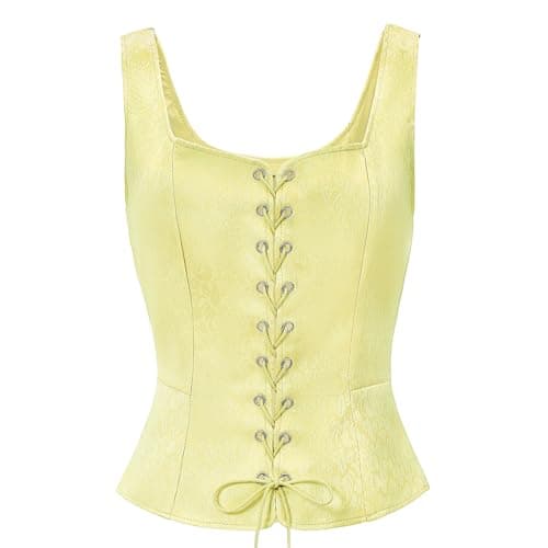 Century Star Renaissance Costume Women Ren Faire Corset Top Pirate Vest Medieval Victorian Floral Lace Up Steampunk Gothic Cosplay Peasant Bodice Crop Bustier Plus Size Jacquard Yellow XX-Large