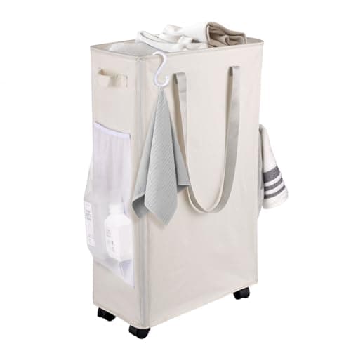 Laundry Basket with Wheels, 75L Foldable Laundry Baskets, Slim Laundry Hamper, Dirty Laundry Basket for Corner Dorm, Slim Laundry Basket, Beige