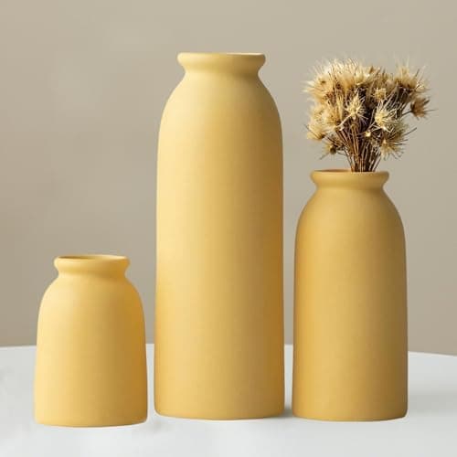 Ceramic Vase Set-3, Small Flower Vases for Decor, Modern Boho Farmhouse Style, Decorative Vases for Pampas Grass & Dried Flowers, Distressed Finish (Yellow)
