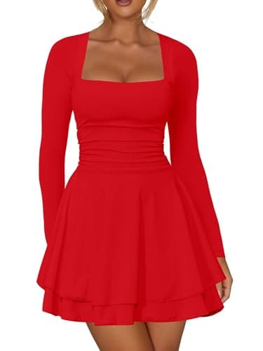 Kaximil Women's Square Neck Ruffle Hem Mini Dress Ruched Waist Long Sleeve Corset Short Party Dresses, Small, Red