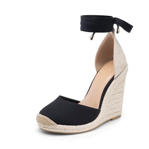 JustFab Wedge Sandals for Women Platform High Heels Summer Mule Open Toe Espadrille Wedges Slip on Comfortable Soft Arch Support Sandals(7.5,Black)